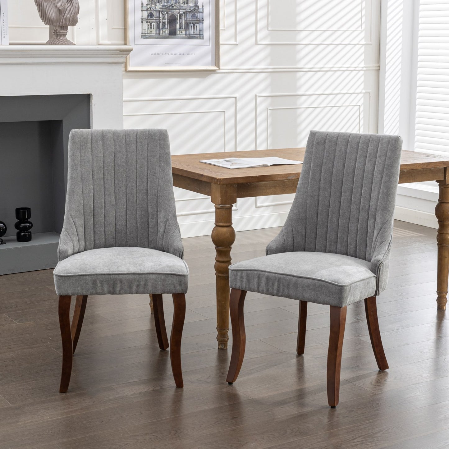 Rayon Cloth Flocking Linen Dining Chairs Channel Kitchen Dinner Chair Comfy Fabric Upholstered Accent Chair For Dining Room With Curved Solid Wood Legs,Set Of 2  Gray , DE1847GY