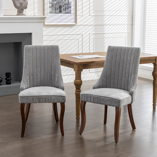 Rayon Cloth Flocking Linen Dining Chairs Channel Kitchen Dinner Chair Comfy Fabric Upholstered Accent Chair For Dining Room With Curved Solid Wood Legs,Set Of 2  Gray , DE1847GY