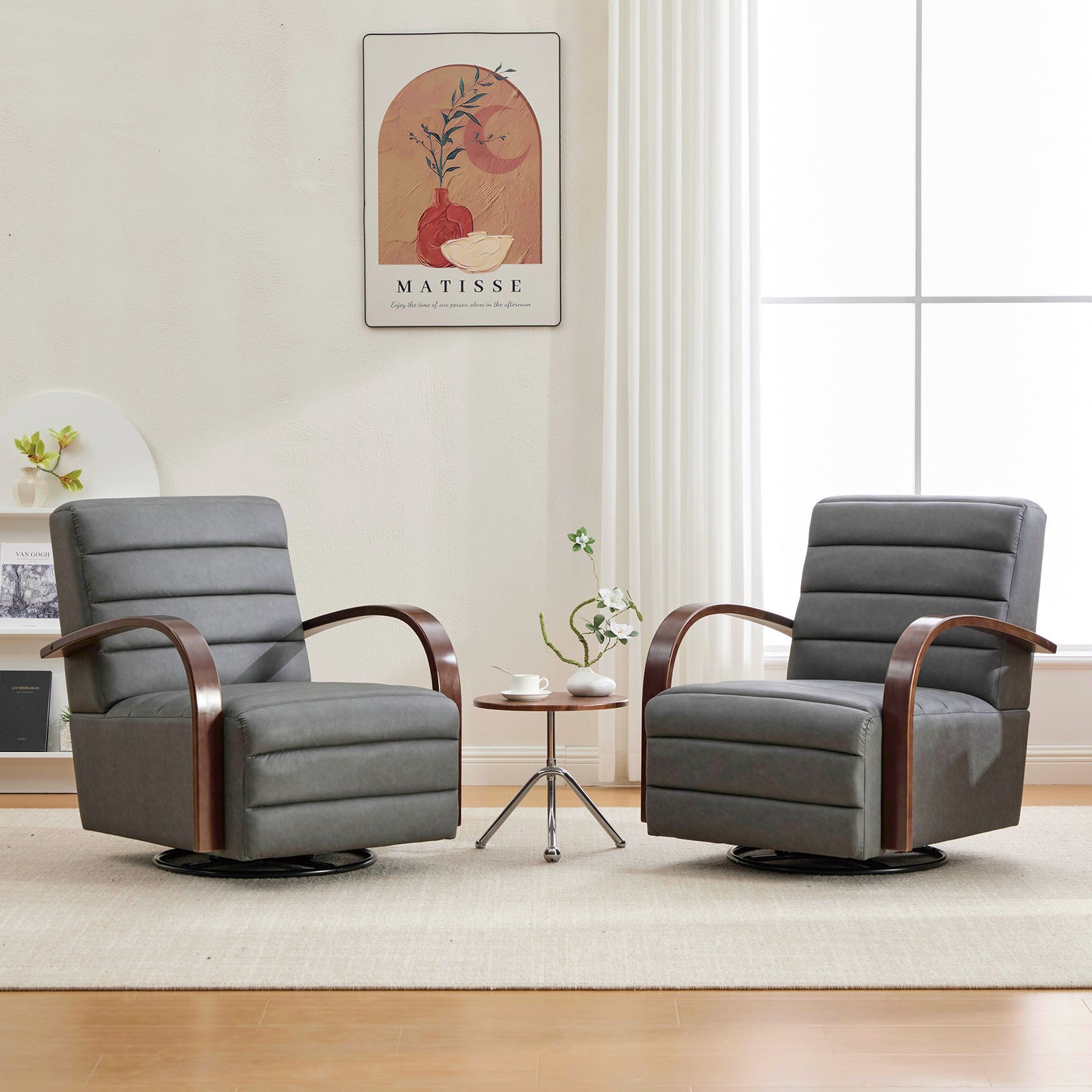 30.7 W Modern Upholstered 360 Swivel Accent Chair With Solid Wood Armrests And Comfy Channel Tufted Lounge Reading Chair, Single Sofa Armchair For Hotel Bedroom Living Room Office And Bedroom. Gray