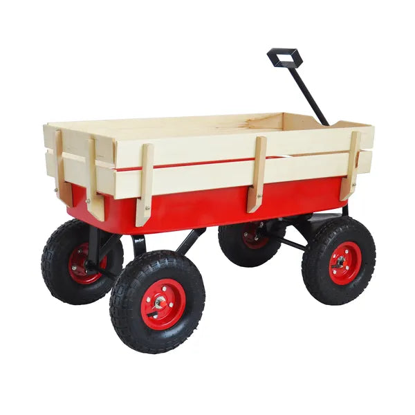 Outdoor Sport Wagon Tools Cart Wooden Side Panels Air Tires Wagon - Red