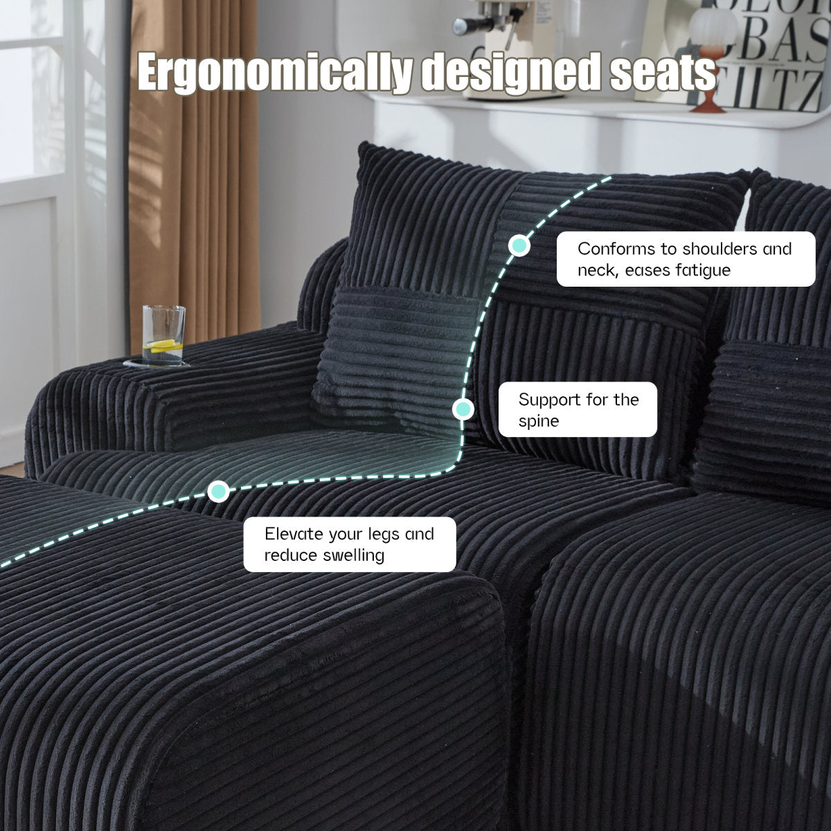 Modular 2-Seater Corduroy Sofa With Ottomans, Freely Configurable Sofa Set With Cup Holders And Side Storage Pockets, Ideal For Living Rooms, Family Rooms, And Other Spaces,Black