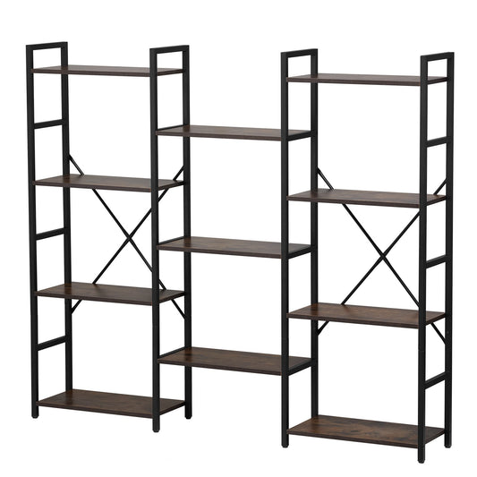 Triple Metal Bookshelf, 11-Tier Industrial Bookshelf, Large Rustic Vintage Storage Bookcase With Open Shelves, Freestanding Display Shelving Unit Storage Rack, For Living Room, Bedroom & Office