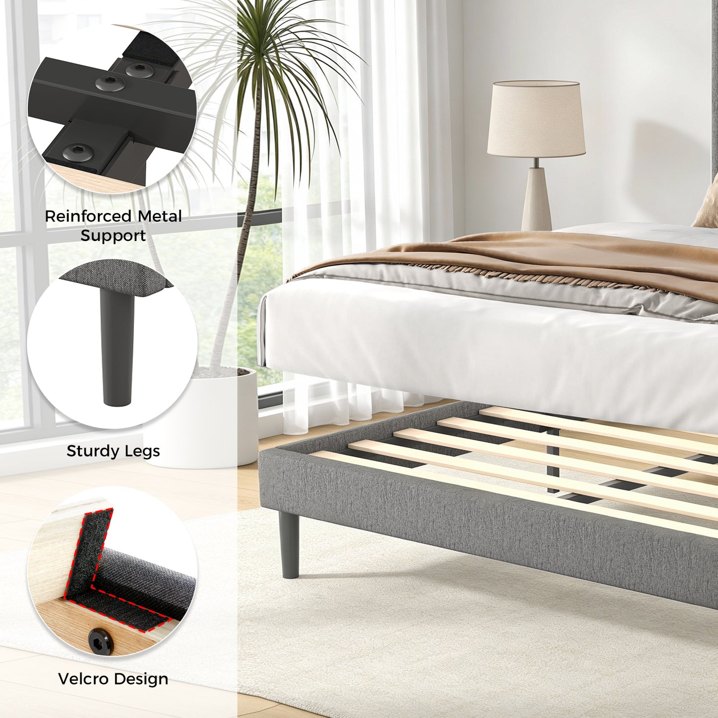 A Double Bed Frame With Adjustable Headboard, Equipped With 3 USB Charging Ports, LED Light Strips And Bluetooth Controller