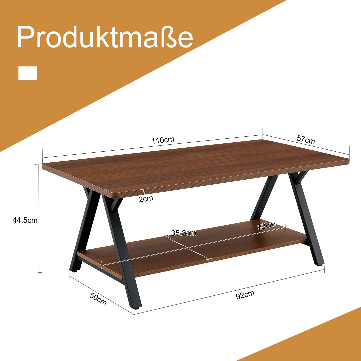 Modern Industrial Coffee Table With Storage Shelf, Walnut Wood Grain And Black Metal Frame, 110x57x44.5cm, Contemporary Living Room Table For Home Office, Home And Small Spaces