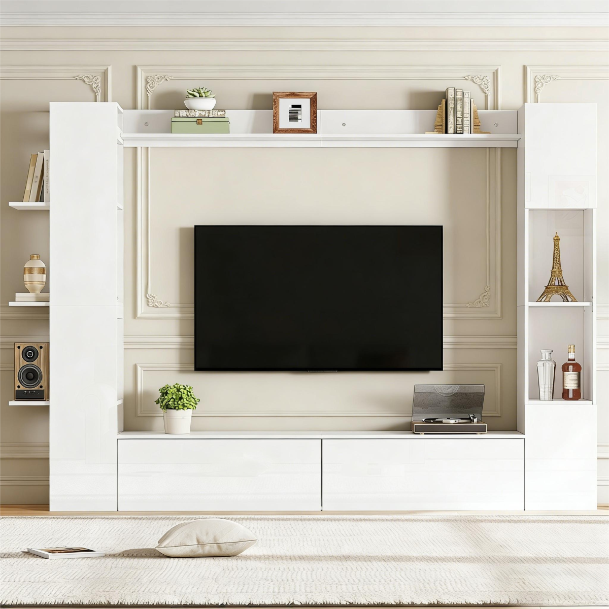 Wall Unit, Display Cabinet Door Hinge Replaceable, Set, 4 Pcs, Compact Wall Unit With Plenty Of Storage Space, TV Cabinet, Display Cabinet, Storage Cabinet, Especially For The Living Room, White