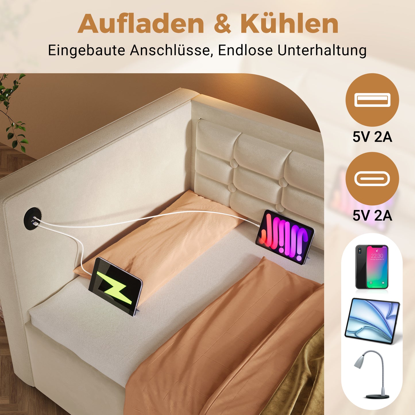 Upholstered Sofa Bed 90x200 Cm, Single Bed Sofa Bed With Hydraulic Storage And USB & Type-C Charging Station, Guest Bed With Wooden Slatted Base, Beige, Velvet, Without Mattress.