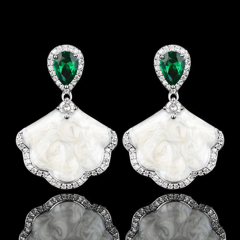 Niche Light Luxury Drop Earrings For Women, Teardrop Blush Tone Simulated Zirconia & Fan Shell Tone Inlay Ear Jewelry Full Pave Shiny Rhinestone Fashion Accessories