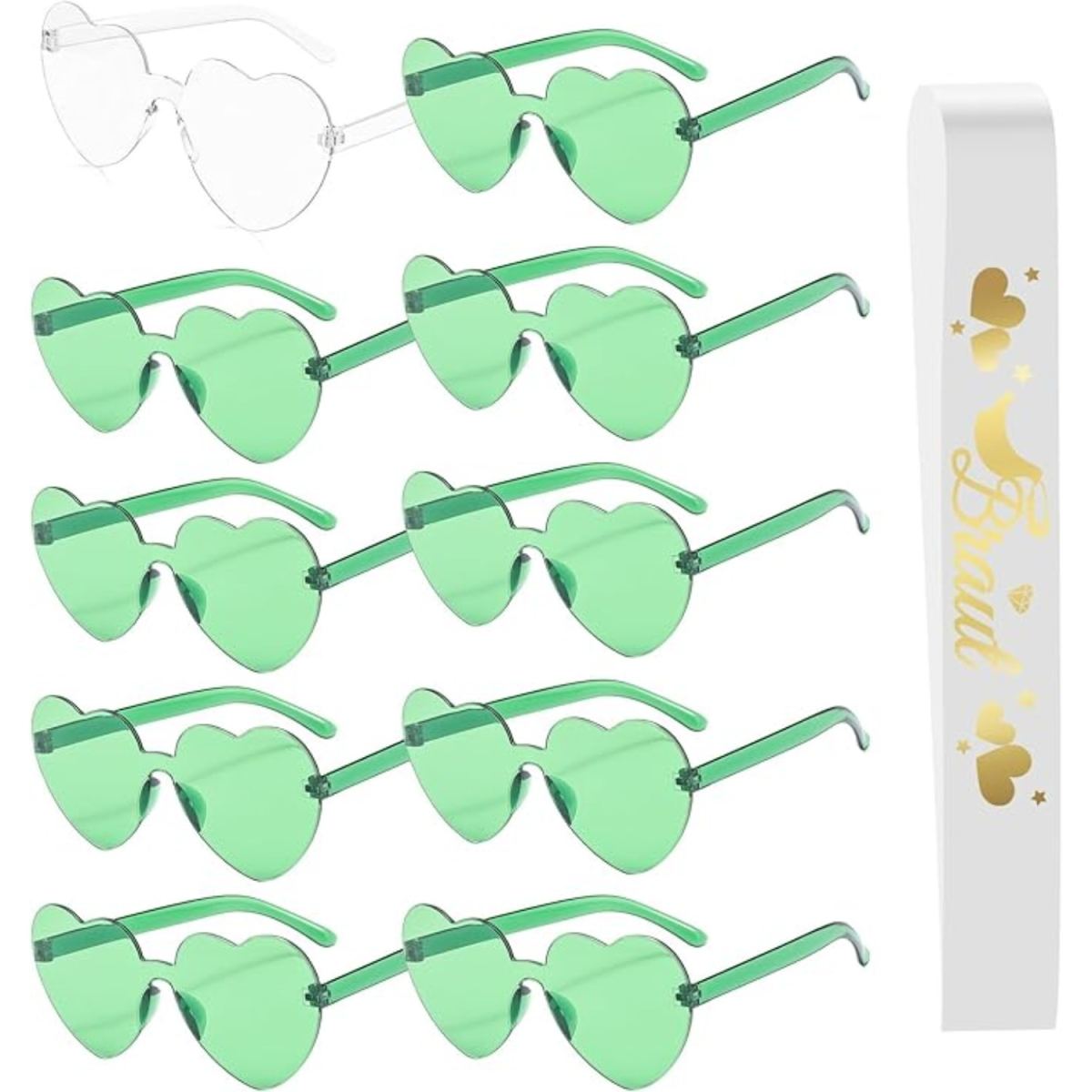 10-Piece Bridal Sunglasses Set: Women's Glasses With Bridal Sash, Green Hearts, Party Glasses, Bachelorette Party Accessories