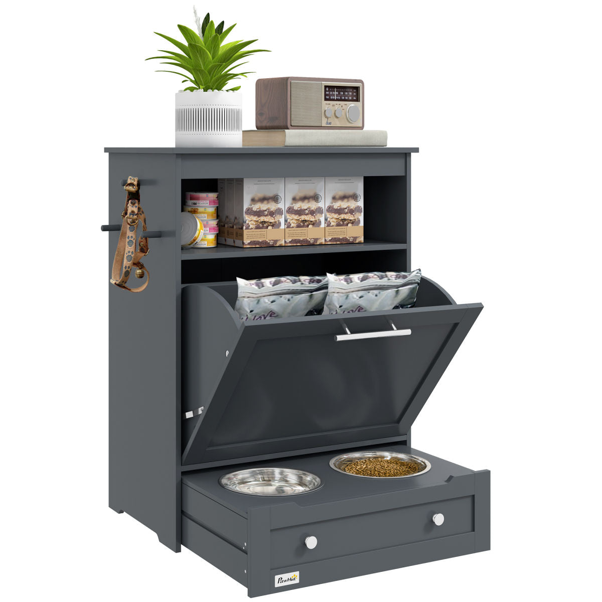 PawHut Pet Feeder Station, Dog, Cat Storage Container, With Raised Bowls, Hanger, Cabinet - Grey