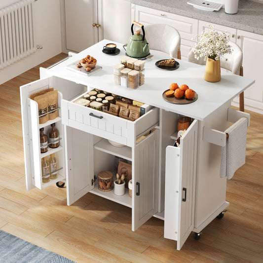 Kitchen Island With Folding Worktop, Kitchen Trolley On Wheels, Kitchen Cabinet With 4 Doors And 1 Drawer, Integrated Spice Racks In The Doors, Double-sided Towel Rails, White,120x45 -70x95