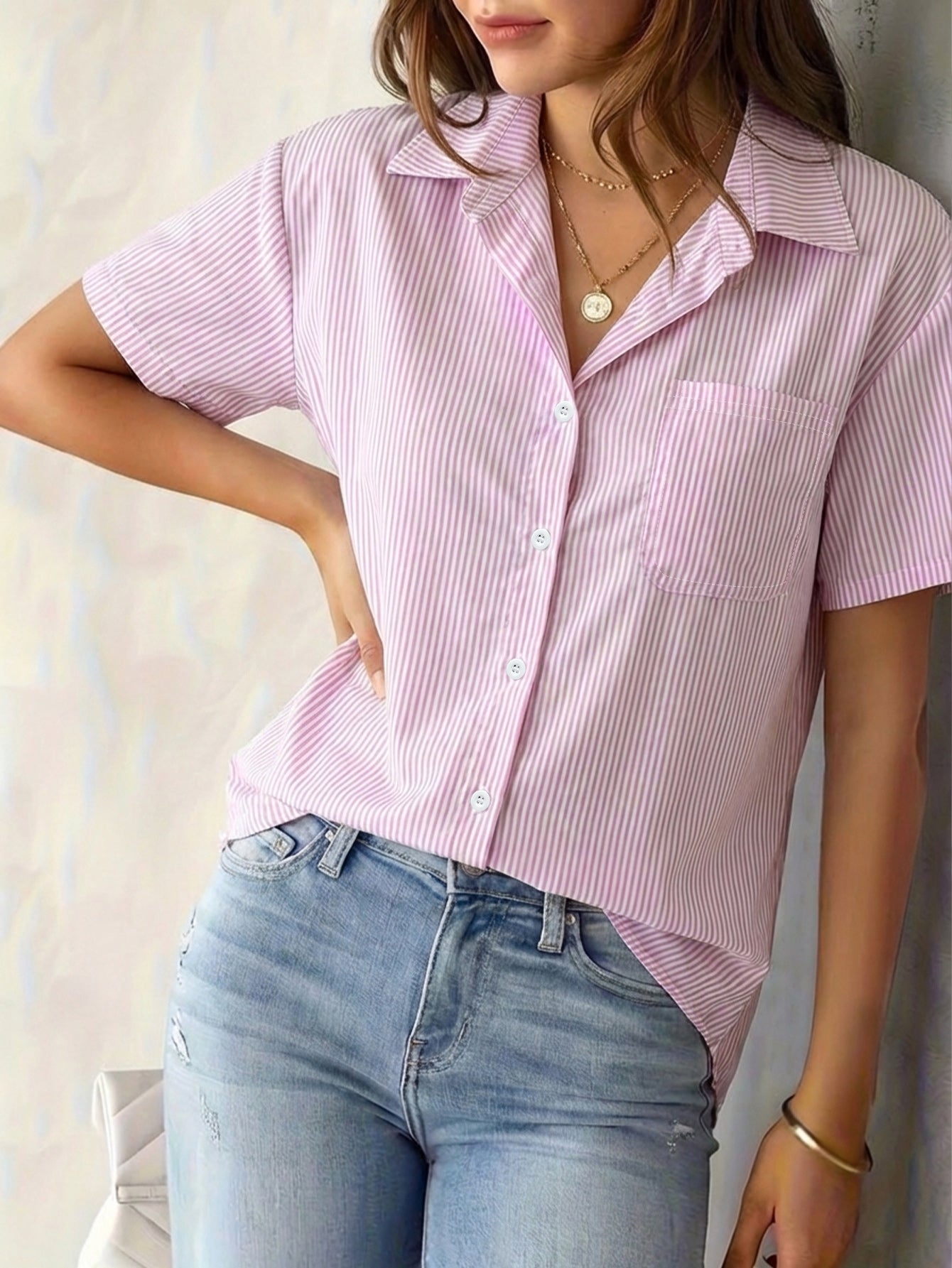 Women's Striped Print Turn Down Collar Short Sleeve Button Front Pocket Decor Casual Blouse