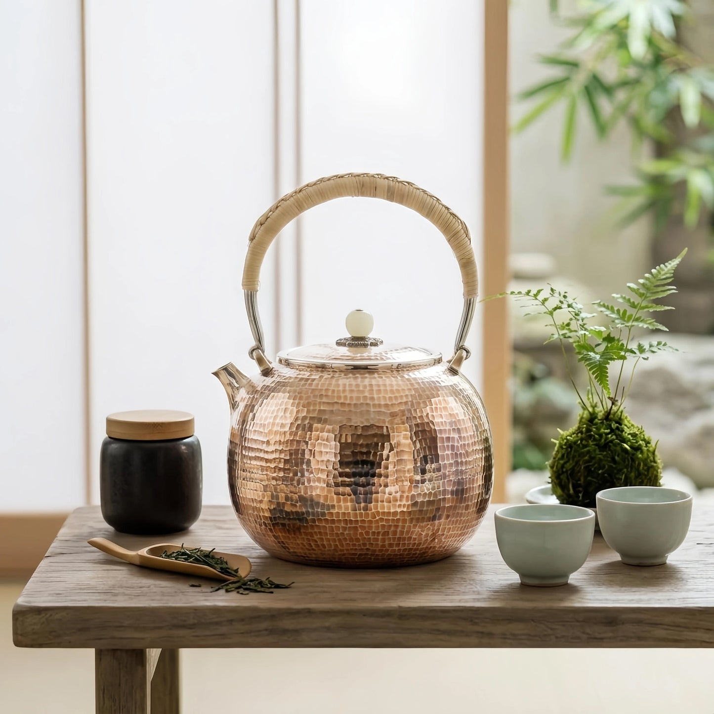 925 Sterling Silver Exquisite Hammered Metal Tea Kettle with Artisanal Woven Handle and Polished Stone Finial - Handicraft
