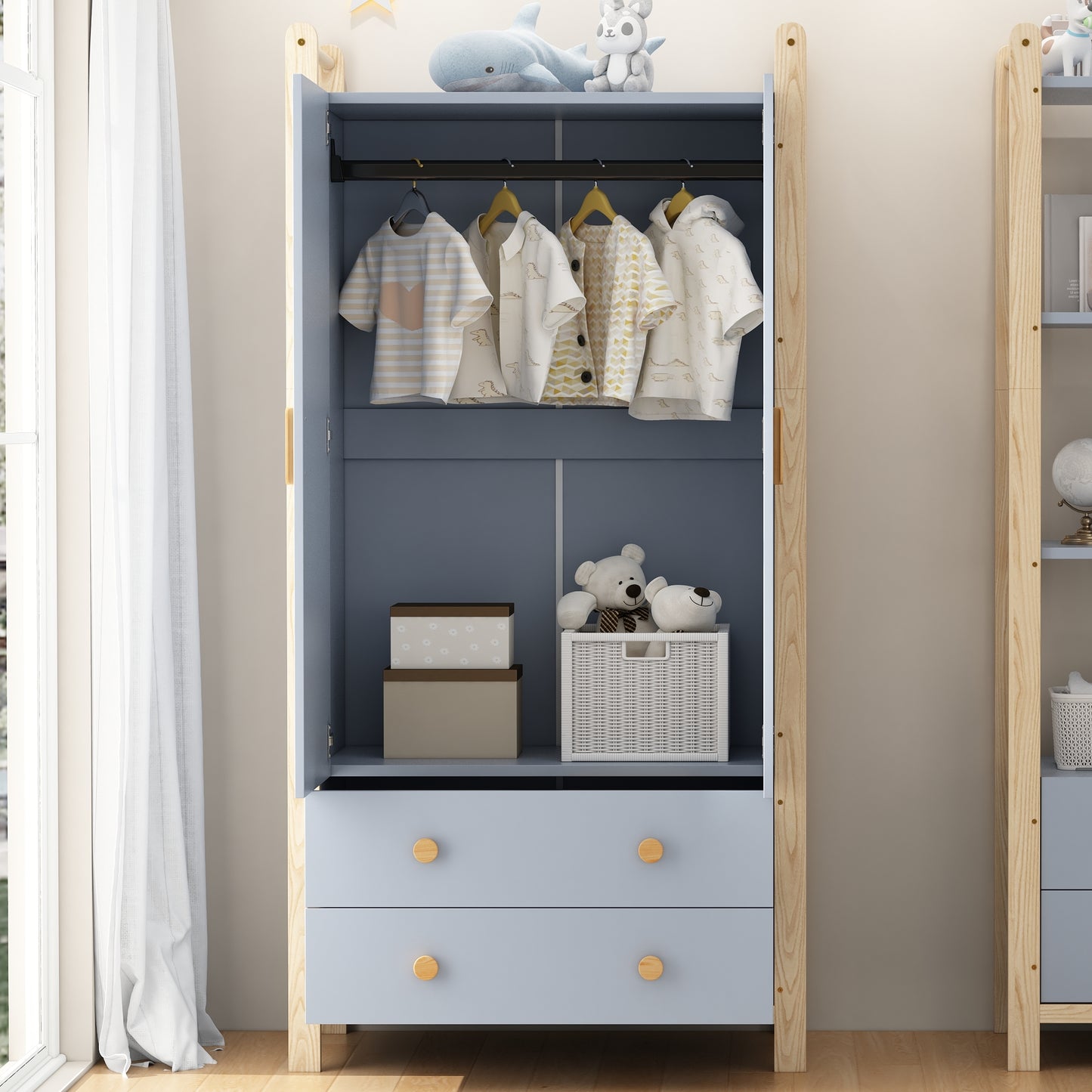 2-door Wardrobe, Wardrobe With Clothes Rail, 2 Drawers, Suitable For Bedroom, Living Room, Hallway Wardrobe, Made Of Chipboard, Blue Body  Pine Frame, 90X45X180cm