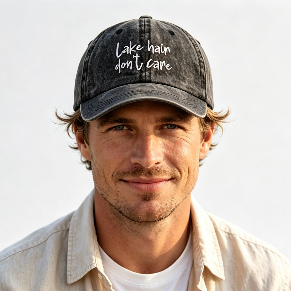 2pcs Lake Hair Washed Black Baseball Cap , Lake Hair Don't Care Embroidery Vintage Distressed Hat Summer Casual Lake Trip Hat