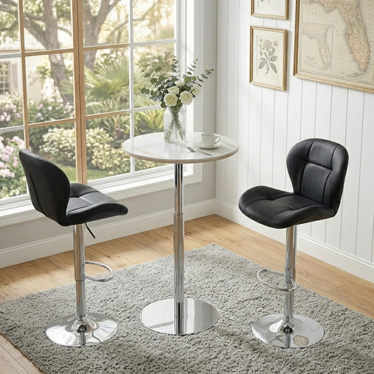Set Of 2 Height Adjustable Bar Stools, Black PU Upholstered Tufted Back Chairs With Chrome-Plated Metal Base & Footrest For Kitchen Island, Bar, Pub