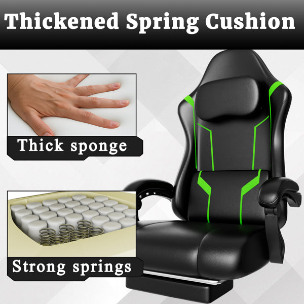 Ergonomic Gaming Chair, Video Game Chair With Pocket Spring Cushion And Footrest, Height Adjustable Computer Chair With Swivel Seat And Headrest  Faux Leather, Green