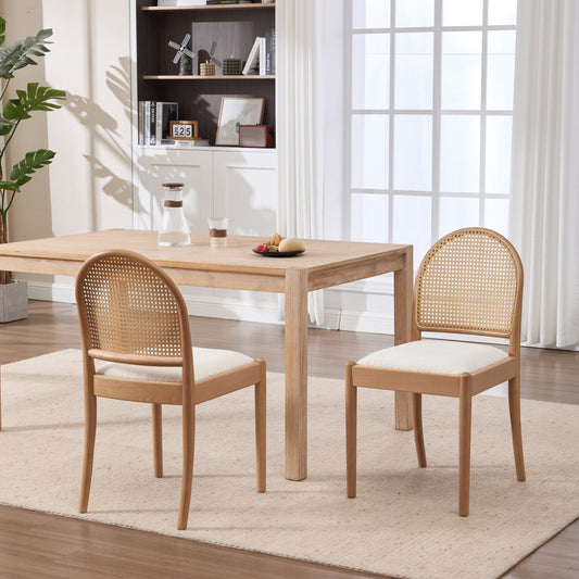 Rattan Dining Chairs Set of 2, Upholstered Linen Dining Room Chairs with Backrests, Modern Kitchen Chairs with Wood Legs for Dining Room, Beige