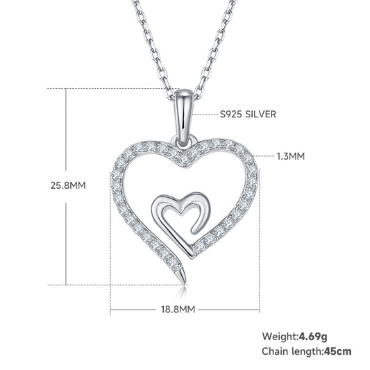 4.6g S925 Sterling Silver Moissanite Heart Necklace 45cm  32 Stones Double Heart Pendant With GRA, Platinum Plated Romantic Jewelry Gift Box Set For Women