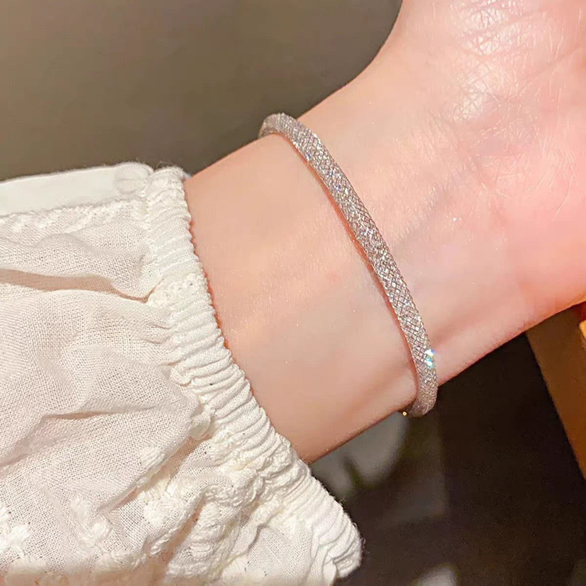 1pc 999 Sterling Silver Mesh Crystal Bracelet, Luxurious Style, Perfect For Daily Wear And Valentine's Gift