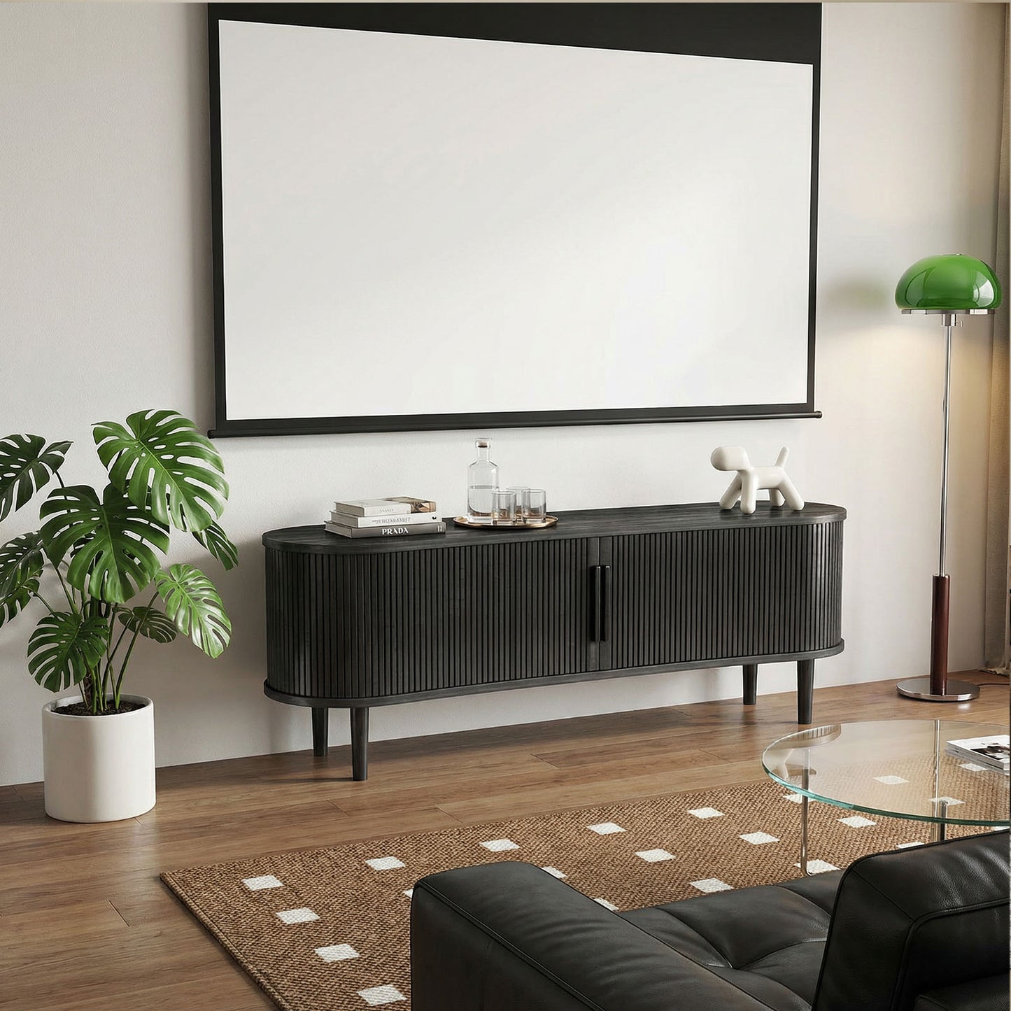 63in Fluted TV Stand Modern Media Console Table Entertainment Center With Sliding Door And Solid Wood Legs For Living Room Bedroom Office Black