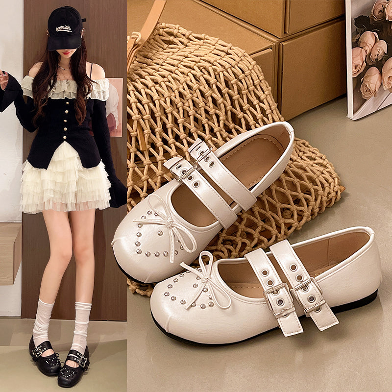 French Retro Rivet Mary Jane Shoes For Women, 2026 New Spring & Autumn Single Strap Ballet Flats, Soft Sole Ladies Dress Shoes