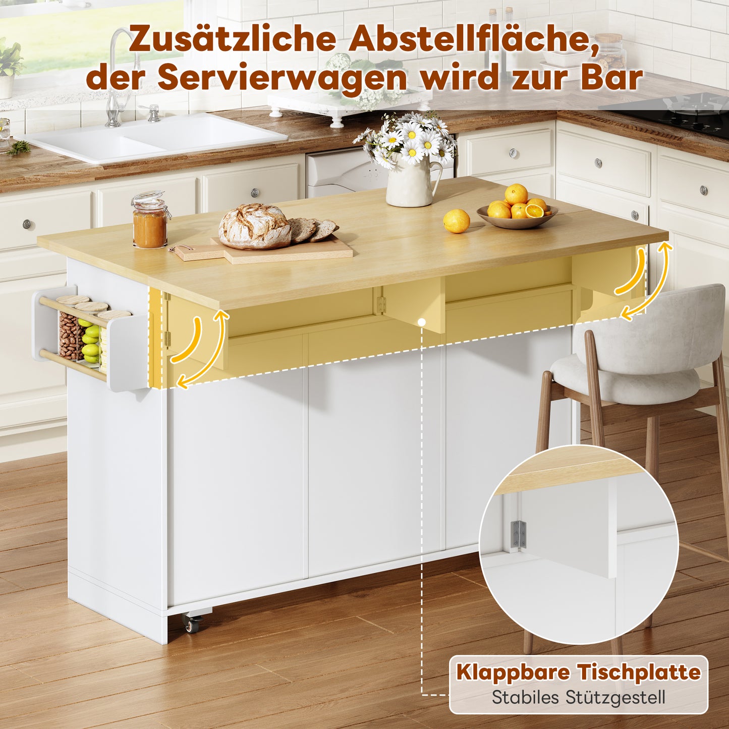Mobile Kitchen Island With Folding Worktop, Serving Trolley And Storage Cabinet, With 2-tier Vertical Drawers, 2 Large Drawers And Lockable Casters, 120 X45x92 Cm.