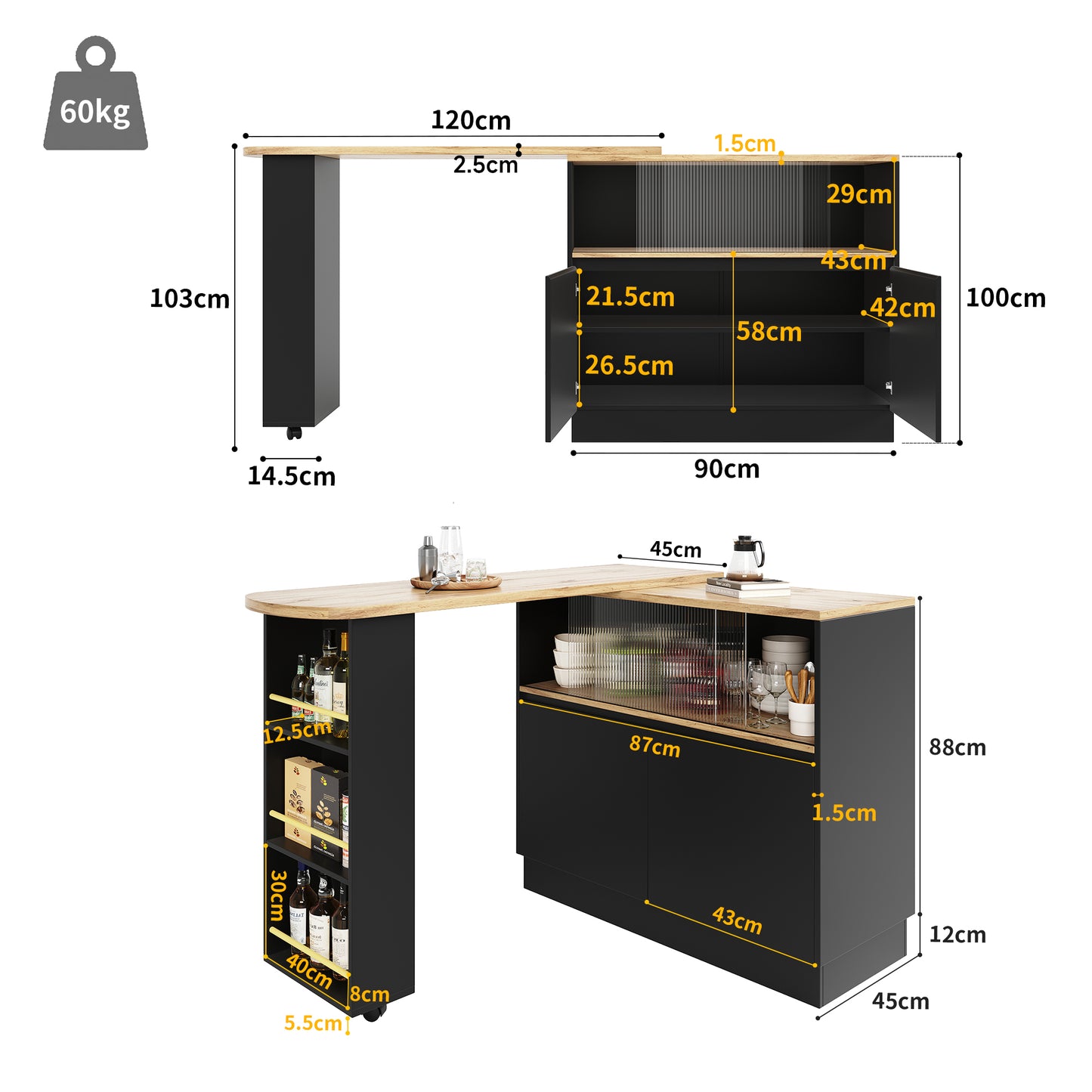 360 Swivelling Dining Bar  Main Body 90 X 45 X 100 Cm , Black, Modern, Simple, Multifunctional, Swivelling Sideboard With Shelves And Glass, Suitable For Kitchens And Restaurants