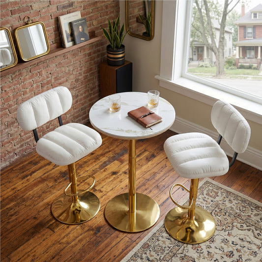 Set Of 2 Adjustable Height Bar Stools, White PU Leather Upholstered Seating With Gold Metal Base & Footrest, Luxe Glam Stools For Kitchen Island, Home Bar, Living Room