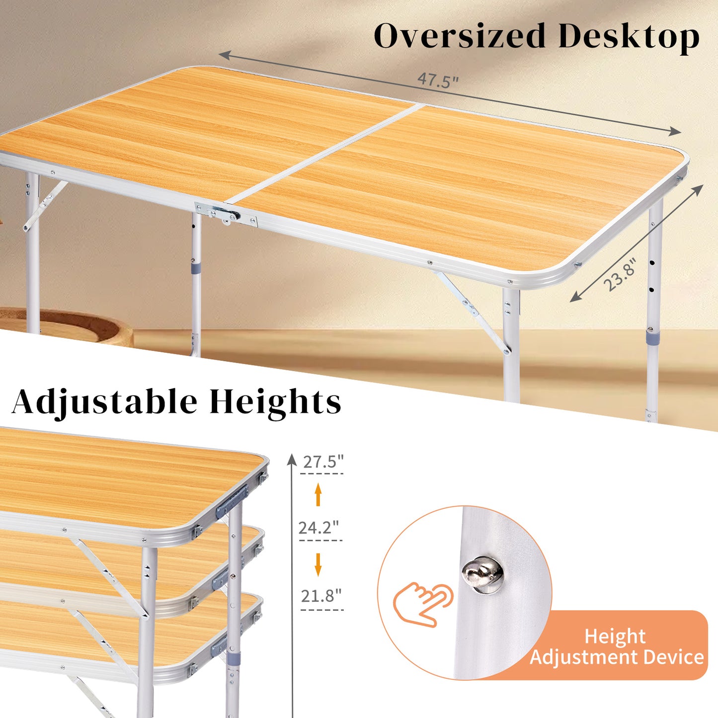 4FT Adjustable Height Folding Table, 120-60cm Portable Aluminum Foldable Camping Table Wood Grain Utility Table For Picnic BBQ Party Indoor Outdoor