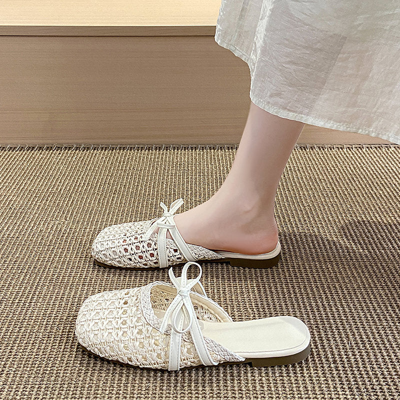 2026 Hot French Woven Hollow Out Mules For Women, Slip-on Flat Elegant Closed Toe Slides For Outdoor Summer Wear