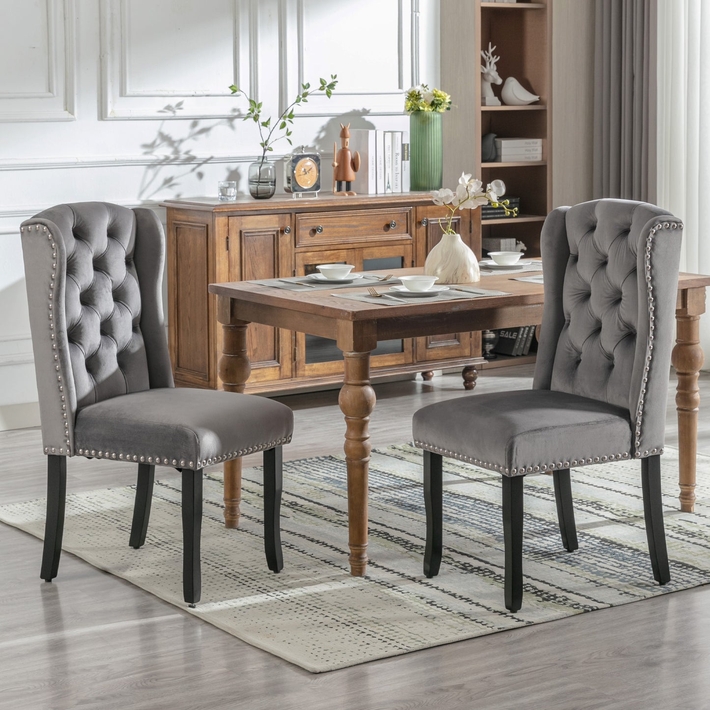 Velvet Dining Chairs Set Of 2 With Oak Legs, Knob, Chrome Knocker And Nailhead Trim Bedroom Chair Kitchen Chair Living Room Lounge Leisure Chair, Grey
