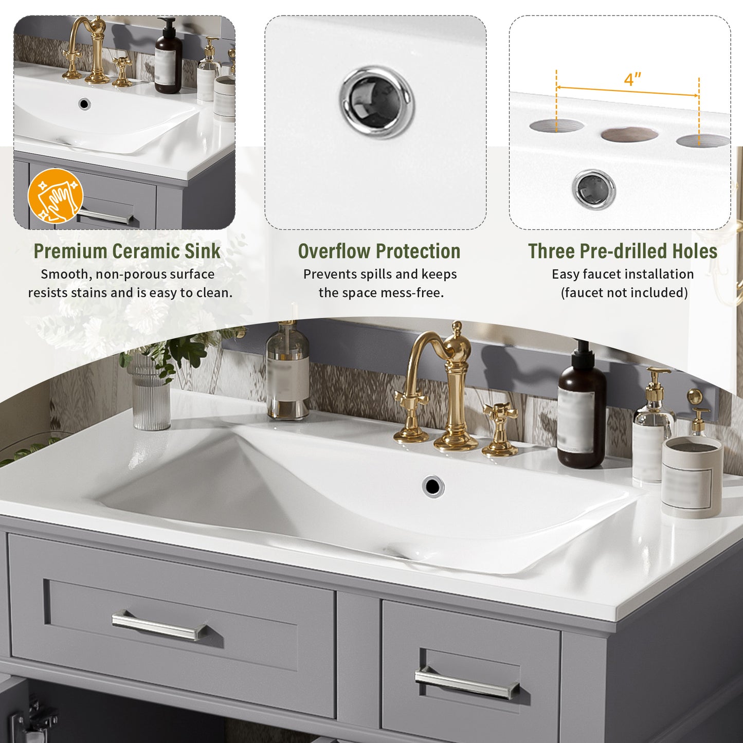 30  Bathroom Vanity With Ceramic Sink, Modern Storage Cabinet With Soft-Close Doors, Deep Drawer & Standard Drawer, Stylish Bath Vanity For Small Bathrooms