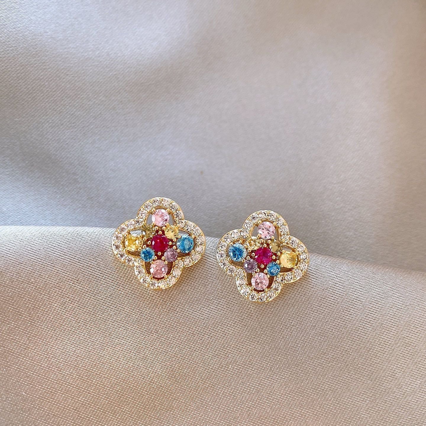 Colorful Zircon Four-Leaf Clover Stud Earrings For Women, Unique Beautiful Light Luxury High-End New Arrival Ear Jewelry