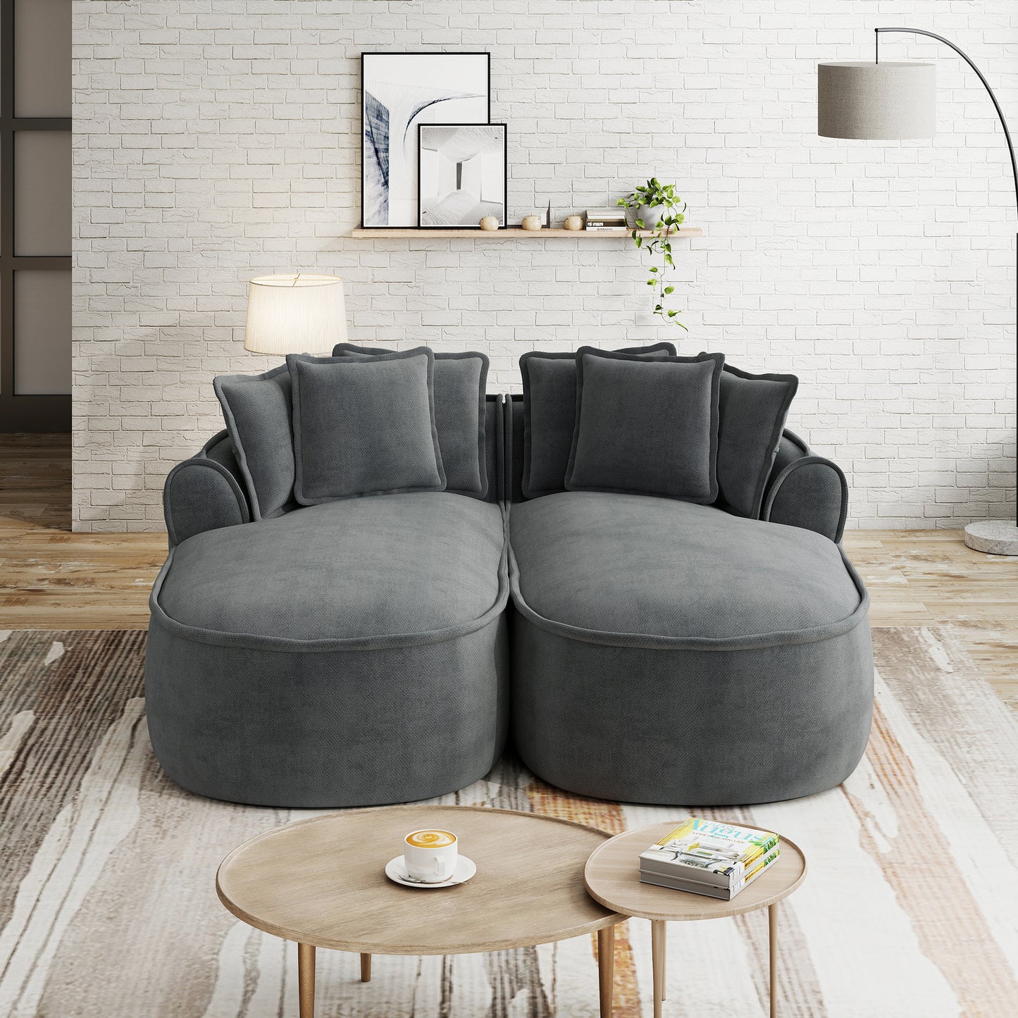 Comfortable Chenille Cloud Double Sofa, Frameless Design, Extra Large Double Chaise Longue, Including Cushions, No Setup Required, For Living Room,Grey