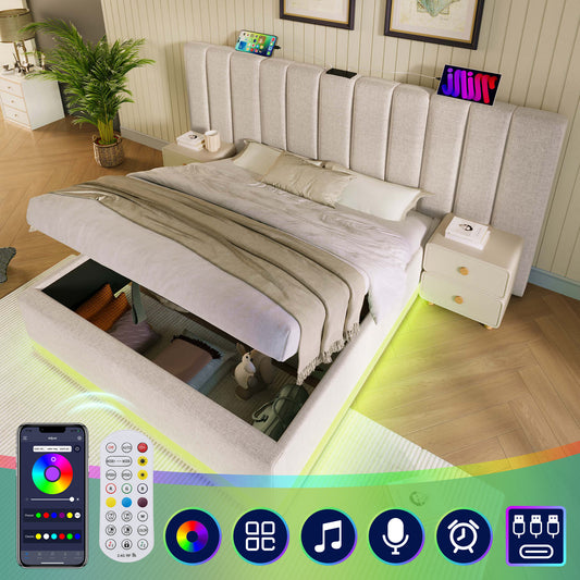 Upholstered Bed 160x200, Double Bed Storage Bed With App Control LED And USB-C Charging Function, Bed Frame With Slatted Base, Linen, Beige, Without Mattress And Bedside Table
