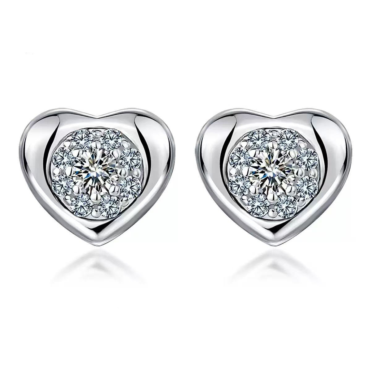 S925 Sterling Silver Heart Stud Earrings, 3mm Round D-VVS1 Moissanite, Platinum Plated 1.9g Women's Jewelry Gift Box Set