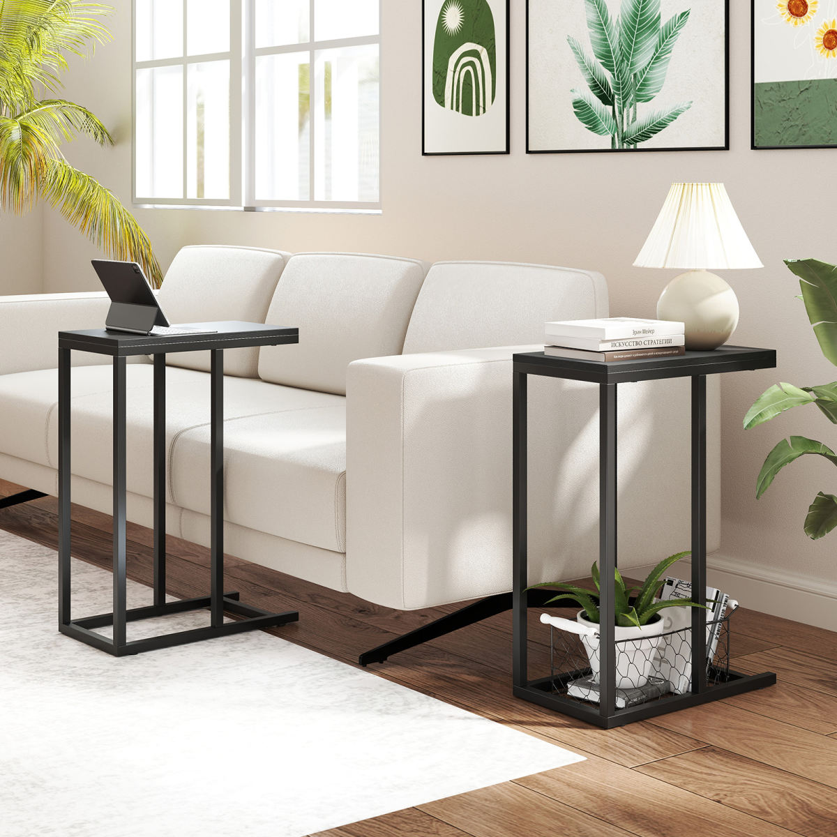 C-shaped End Table Slide Under Couch TV Tray For Coffee Laptop Tablet