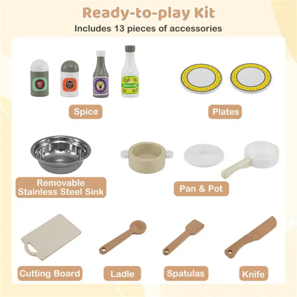 Gray Wooden Kids Play Kitchen With 13 Accessories, Pretend Cooking Set For Toddlers 3+