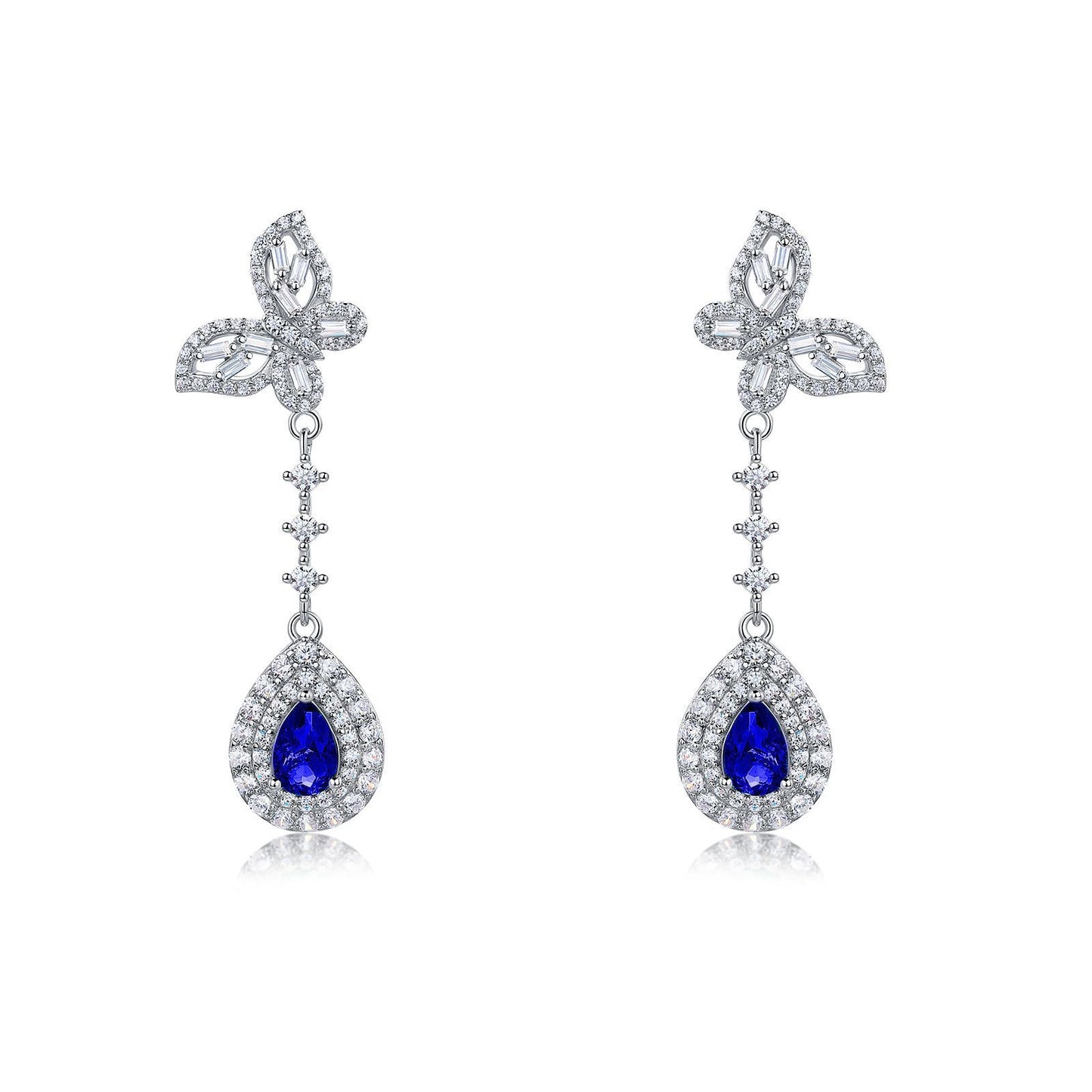 S925 Sterling Silver Bowknot Dangle Earrings, 6x4mm Pear Lab-Grown Ruby Sapphire Emerald, Platinum Plated 4.5g Women's Jewelry Gift Box