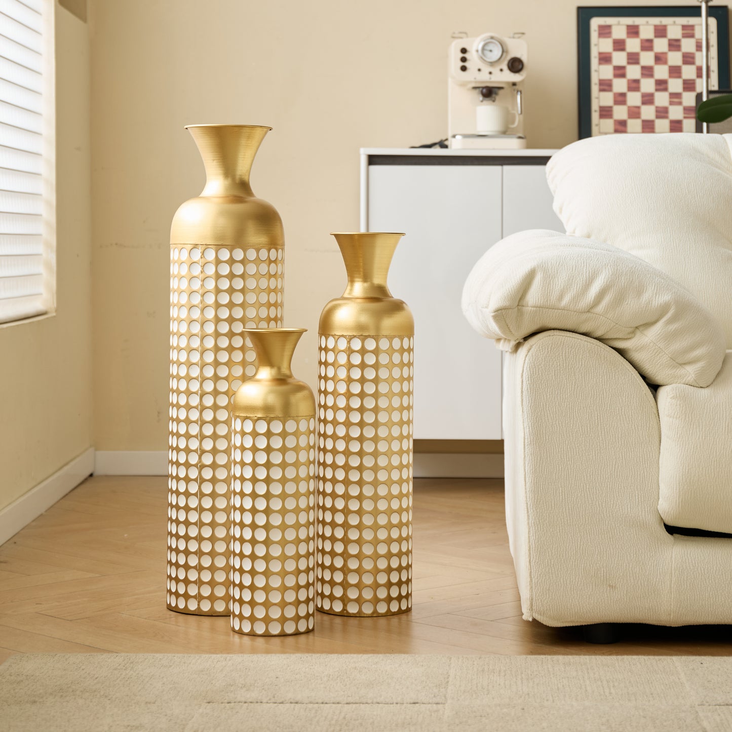 3-Piece Golden Metal Floor Vase Set With White Dot Pattern, Stackable Space-Saving Packaging, Tall Stand Vases For Dried Flowers Pampas Grass, Luxury Home Decoration For Living Room Hallway Hotel, Non