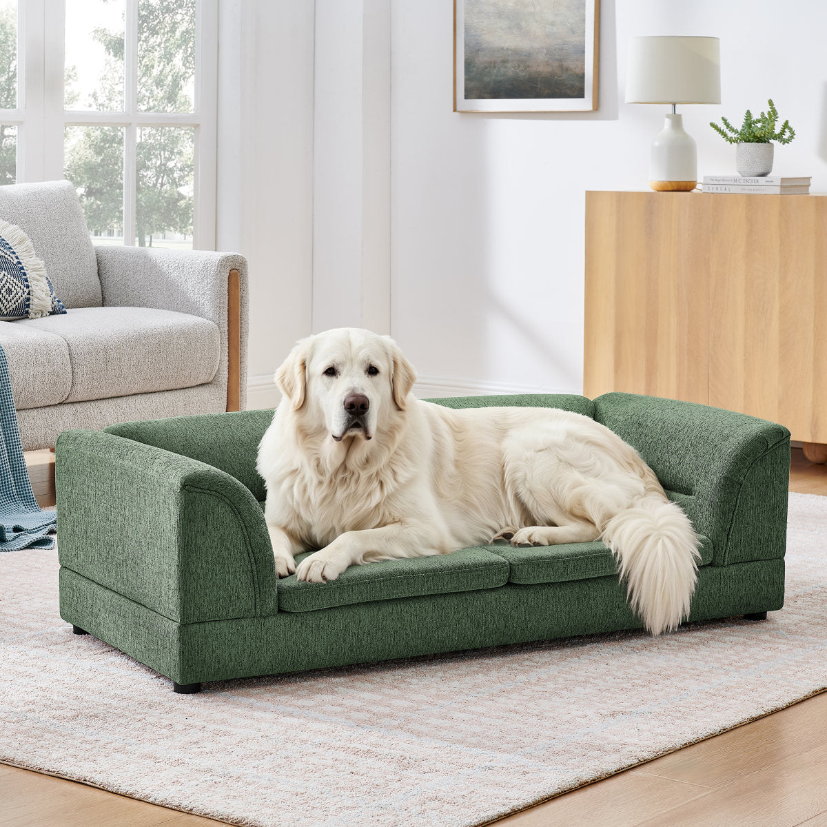 Oversized Pet Sofa, Curved Armrest Rectangular Dog Sofa, Linen Fabric Comfort Pet Couch for Large & Oversized Dogs-Olive Green