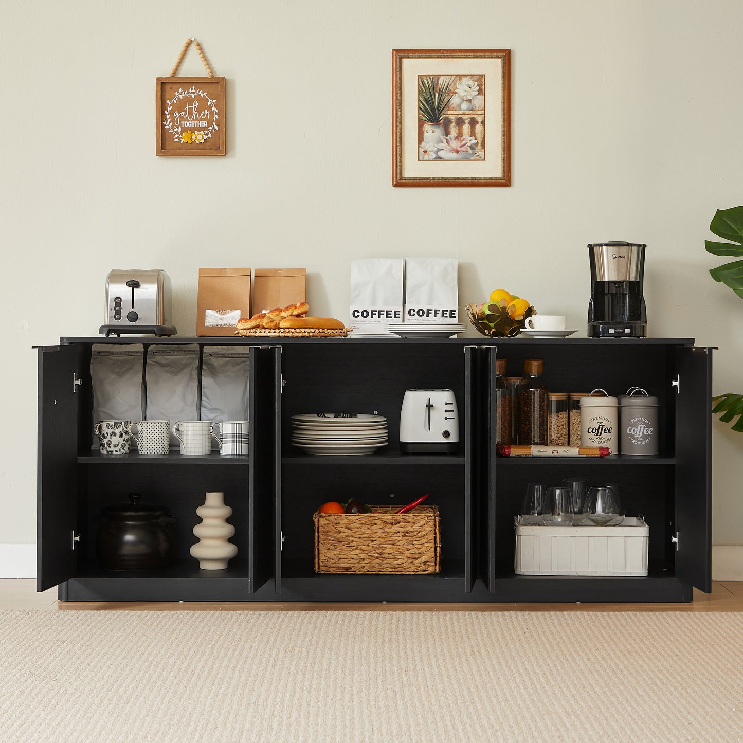 170cm Modern Sideboard With Wave Shape,Storage Cabinet With Curved Contour Design,6 Door Cabinet With Storage Function,Suitable For Kitchen Bedroom Living Room,Black,170x 40x70.5cm