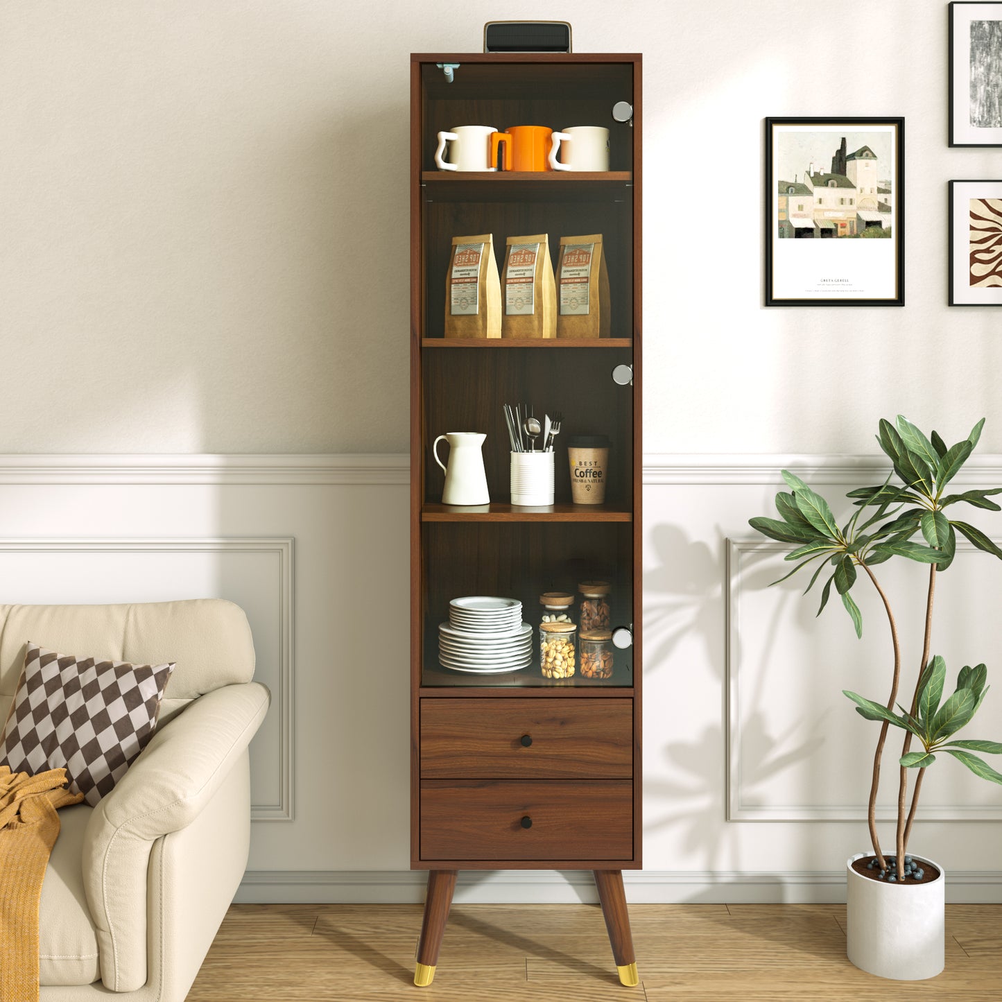 Modern Tall Cabinet With Glass Door, Display Cabinet With Adjustable Shelves And 2 Drawers, Standing Cabinet For Living Room, Bathroom & Office In Walnut Look