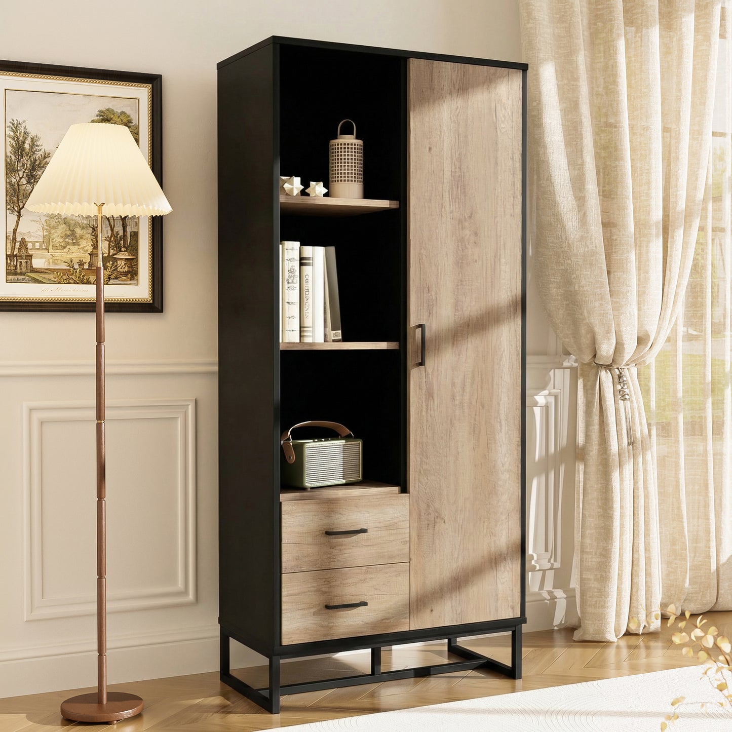 Modern Highboard Cabinet 80x40x180 Cm   Wood Look With Black Frame, With Door, 2 Drawers & 3 Open Compartments  Versatile Storage Space For Living Room, Office & Hallway