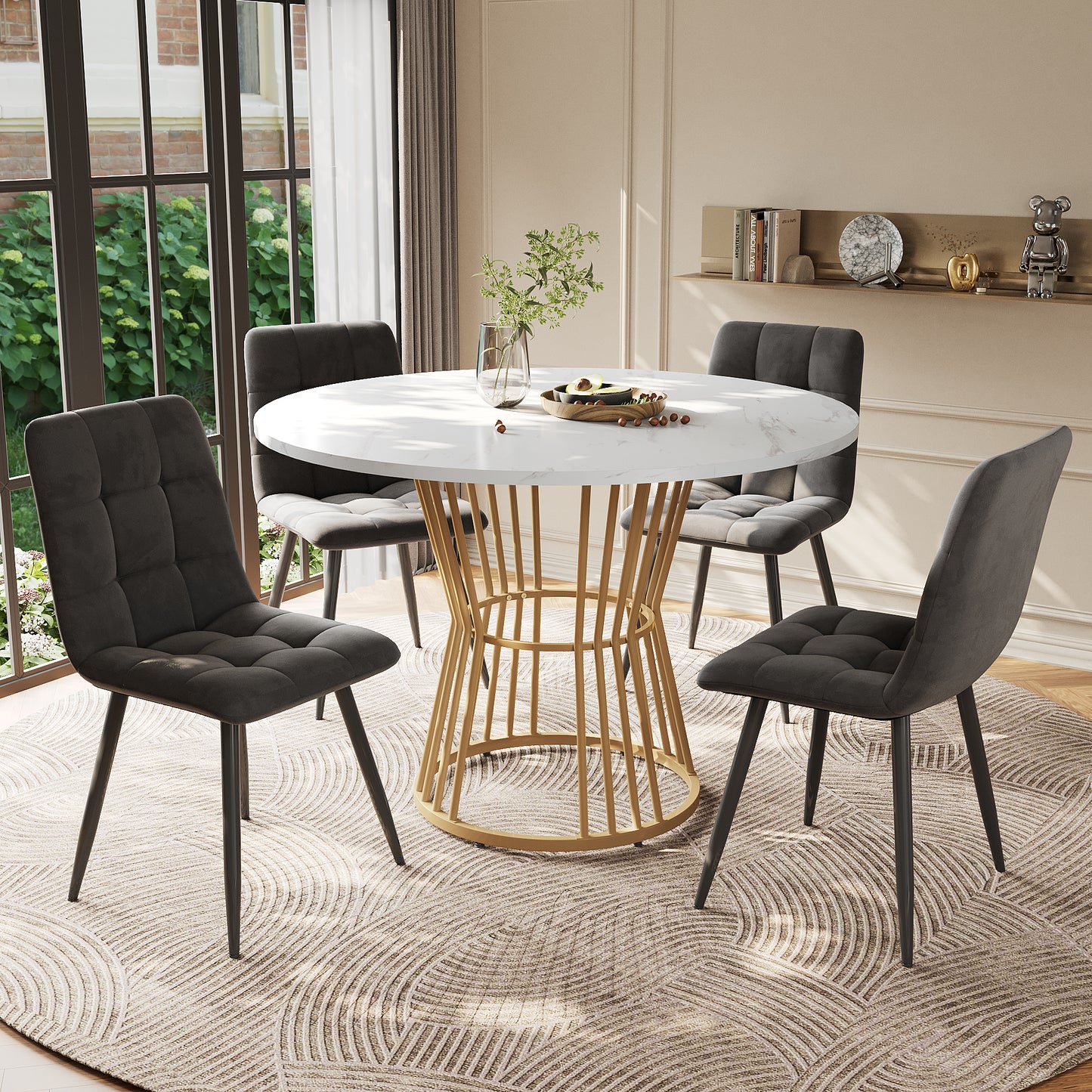 Dining Table Set   5-piece  , Dining Table Set With 4 Chairs, Kitchen Table Set, Round Dining Table With 100 Cm Diameter And Golden Metal Legs, White MDF Table Top, Gray Linen Dining Chairs