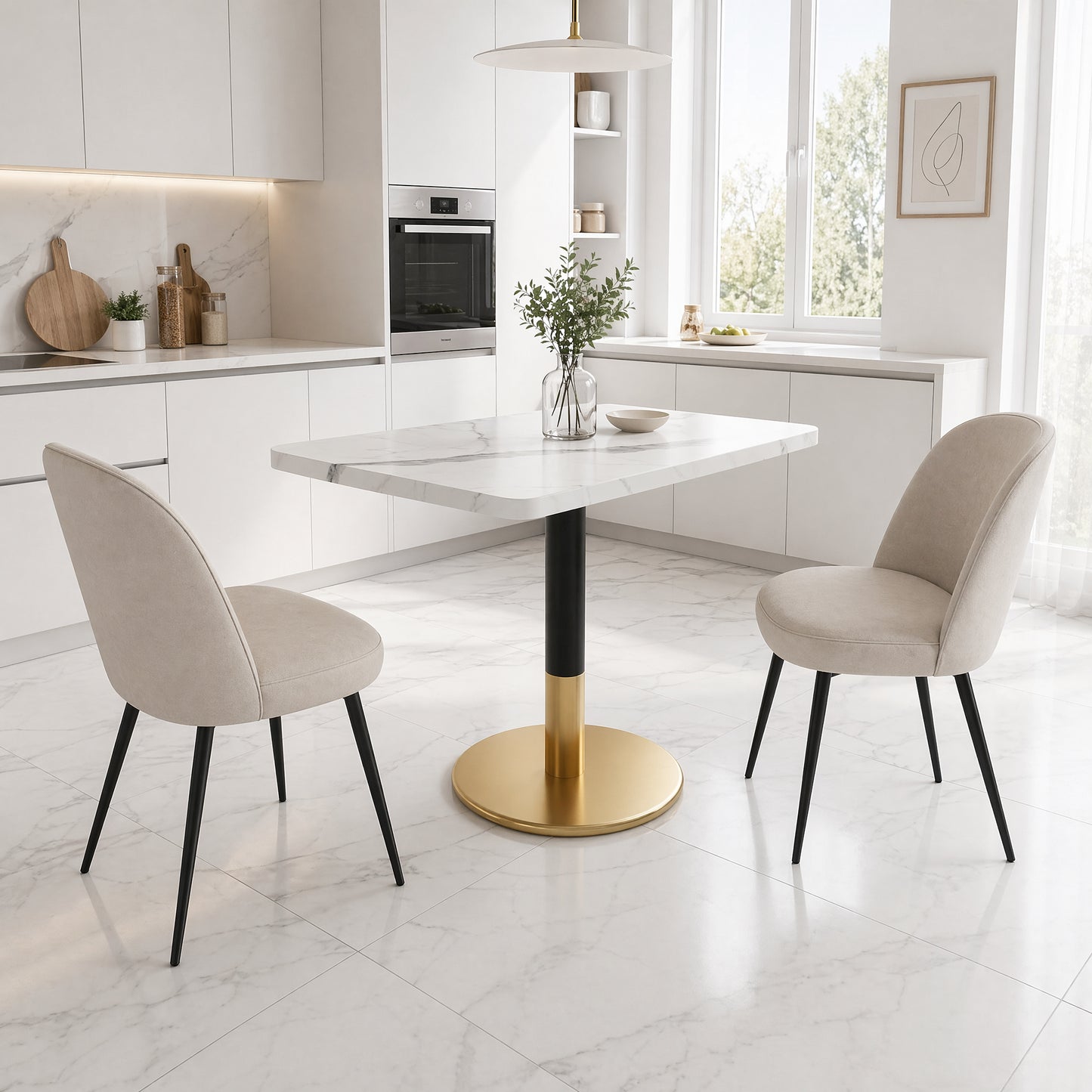 Modern Rectangle Dining Table For 2 Small Kitchen Table With White Marble Pattern Wood Desktop And Black Metal Pillar Negotiation Table With Gold Base For Dining Room Kichen Office Meeting Room 80x60c