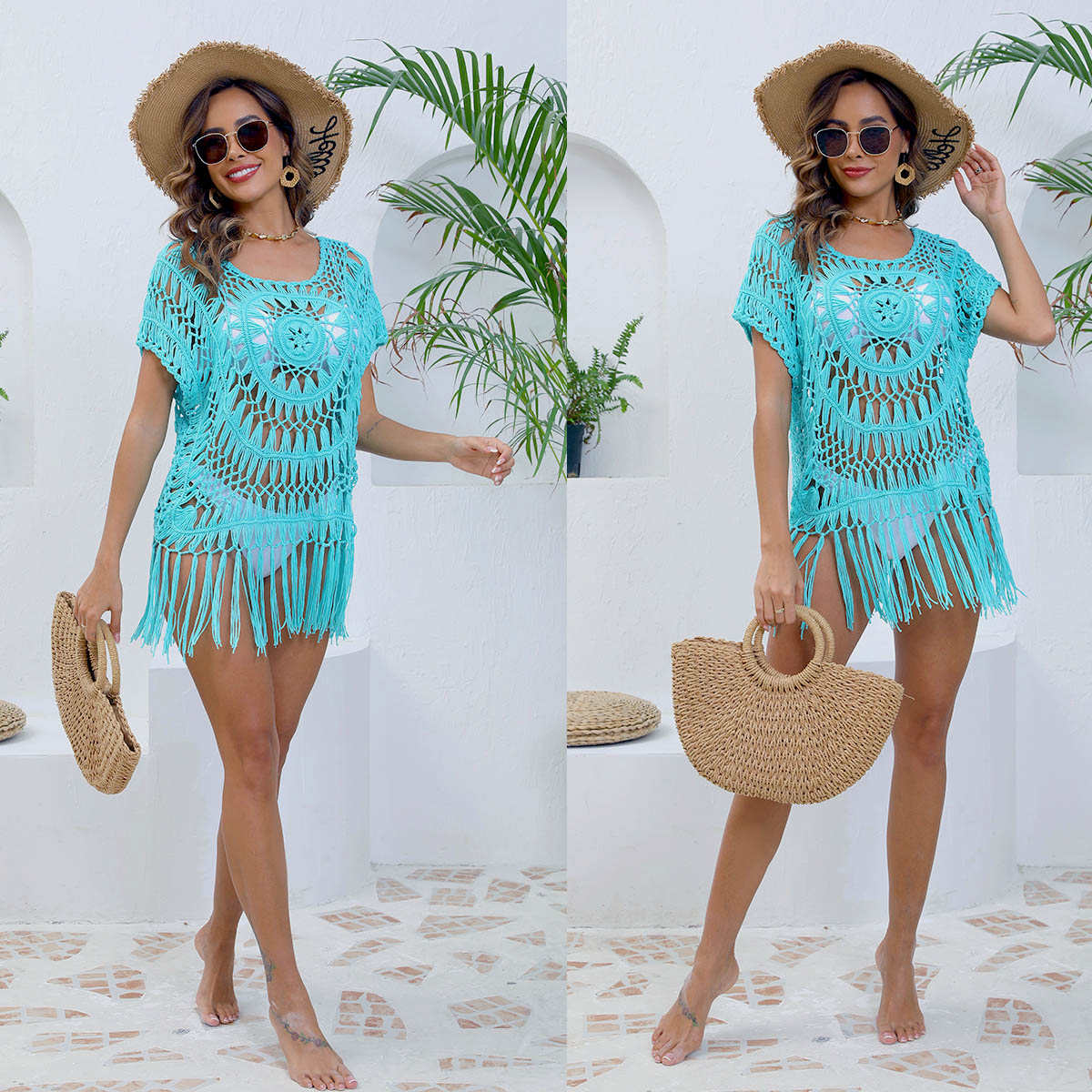 New Hand Crochet Hollow Out Bikini Cover Up, Tassel Sexy Beach Dress, European American Cross-Border Women's Vacation Kimono