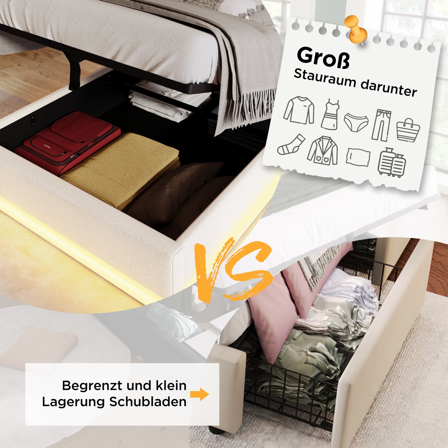 Upholstered Bed Single Bed 90x200 Cm, Beige Cotton Material Hydraulic Storage Bed, Upholstered Headboard With USB Type-C Charging Function, 3-Sided LED Function Without Mattress