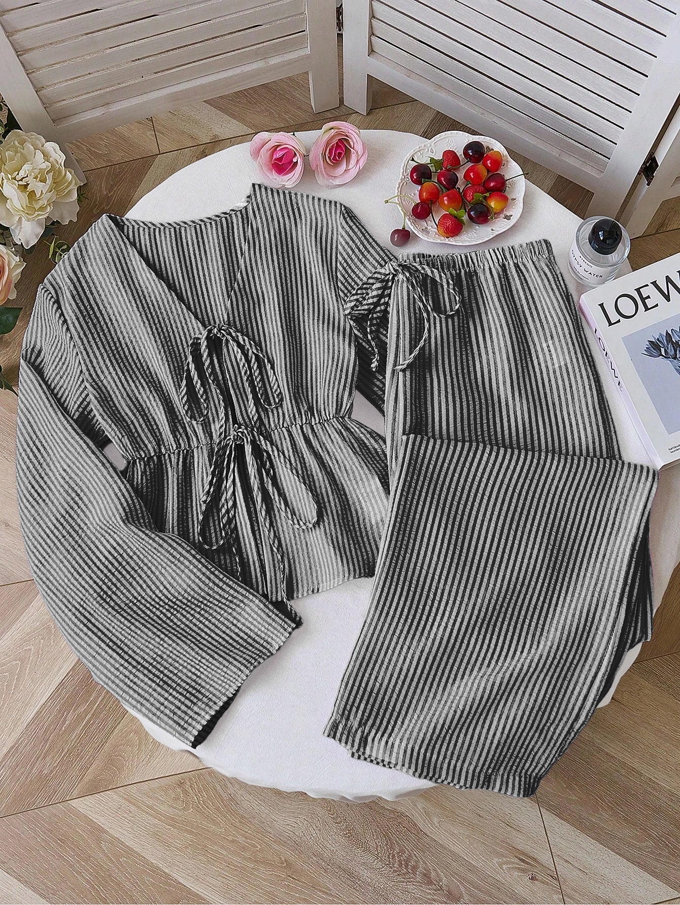 New Stylish Premium-feel Striped Loose-fit Belted Top With Casual Long-sleeve Set