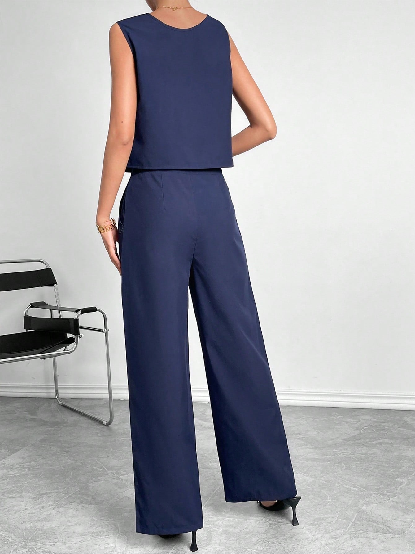 Women's Sleeveless Round Neck Crop Top & Wide Leg Pants Two Piece Set - Casual Solid Color Office Wear Outfit